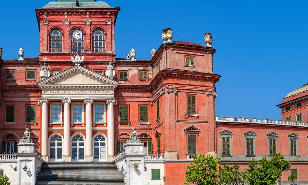 Facade of Racconigi palace - former royal residence of Savoy house in Piedmont, Northern Italy (panorama).